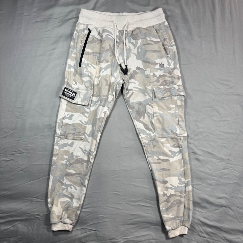 YoungLA Camo Cargo Joggers Mens L Snow Camouflage Tapered Grey Streetwear Cozy